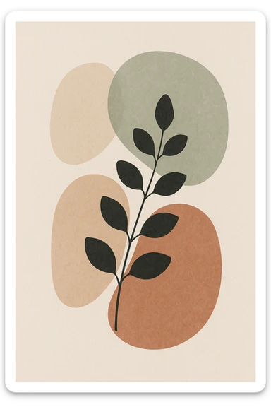 abstract botanical wall art, minimalist scandinavian style, large rounded organic shapes, eucalyptus branch silhouette, neutral earth tones (beige, sage, terracotta), subtle paper texture, modern interior decor, full bleed composition --v 6 --ar 3:4 --q 2 --style 4a sticker