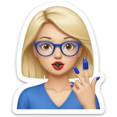 Blonde women with brown eyes, blue glasses blowing a kiss with dark blue nails sticker