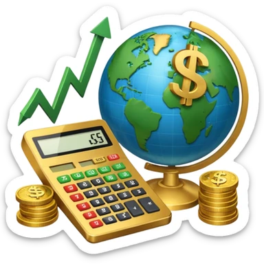 An icon featuring a calculator, a dollar sign, and a chart with upward trends, symbolizing economics. The design includes coins, bills, and a globe, representing global trade and financial systems. Transparent background highlights the study of markets, supply, and demand. sticker