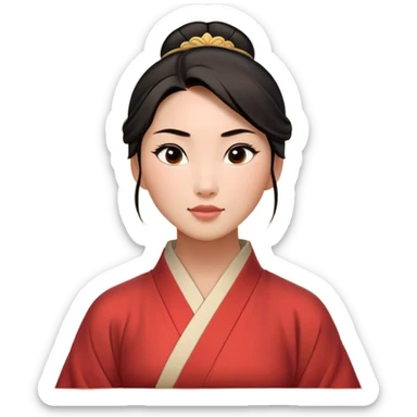 Cinematic Timeless Mulan Portrait Emoji, rendered in a clean vector style. Depict Mulan with warm, light-toned skin, neatly styled dark hair in a traditional bun, and a serene, confident expression, dressed in a simple traditional robe with minimal decoration. The image is highlighted by a soft, inviting glow and a subtle glowing outline, capturing enduring beauty and quiet strength. sticker