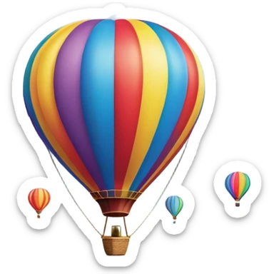 a clear sky and distant hills in the background with A colorful hot air balloon floating gracefully above the ground. The balloon's vibrant colors stand out against the soft clouds, capturing the peaceful yet adventurous spirit of hot air ballooning. sticker