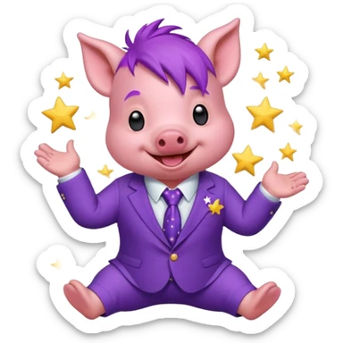 Sticker, a small cute funny purple piglet with purple hair, wearing a purple suit decorated with stars, ((cheerful, laugh)), surrounded by white outline, on transparent background sticker