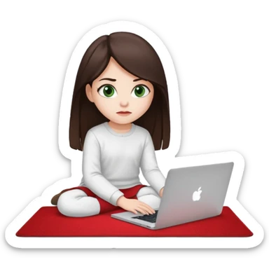 Long dark brown haired, white skinned, dark green eyed girl in white clothes girl sitting in macbook with a red carpet  sticker