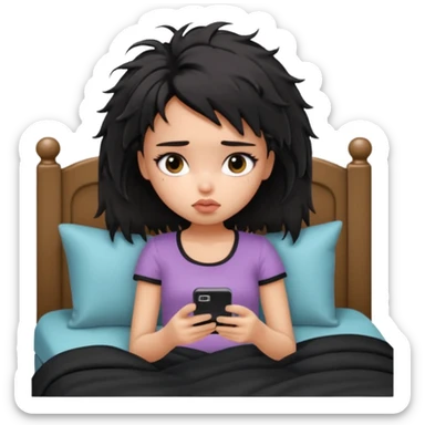generate a pretty bratz girl with short black messy bed hair, looking tired and using her phone sticker