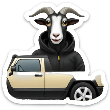 Goat in black puffy coat driving black Hummer sticker