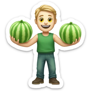 A happy white man what’s front handand green ice holding a melon and his arms sticker