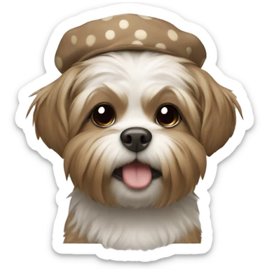 Shitzu with light brown spots with a rat hat sticker