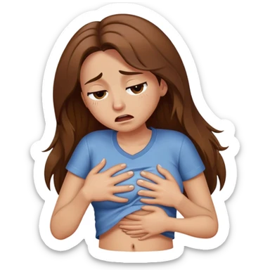 Crying women with long brown hair rubbing stomach with shirt on sticker
