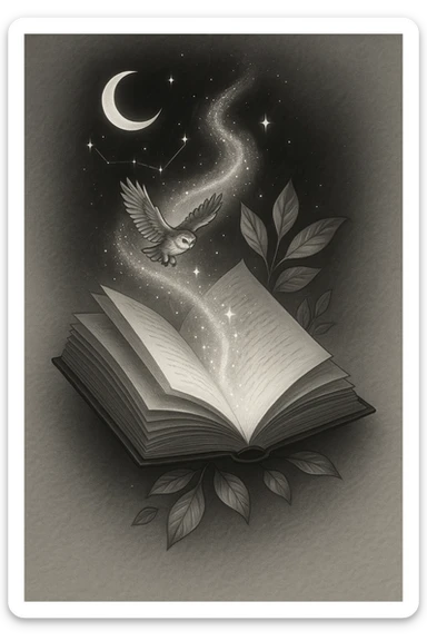 Create a stylized drawing of a book with magical light and sparkles rising from its pages. Use a clean line-art style with well-developed shadows and highlights, inspired by the reference image. sticker