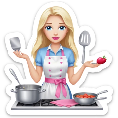 Cinematic realistic beautiful blonde with long hair, blue eyes and pink lips in a white dress cooks sticker
