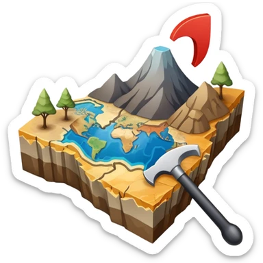 An icon featuring a crowbar and a geological map, and layers of Earth’s crust, symbolizing geology. The design includes mineral samples, fossils, and tectonic plates, representing the study of Earth’s structure and natural processes. Transparent background highlights geological exploration sticker