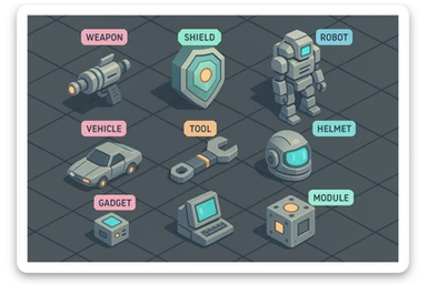 a virtual display, a gray grid with darker gray cells, each cell containing an item viewed in isometric minimalism render The cells have pastel neon colored labels in their upper corner, indicating various traits of the items. retrofuturism, circa 2880's sticker