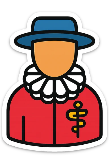 Tudor doctor, with ruff collar and hat sticker