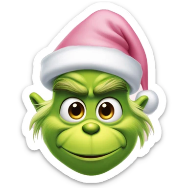 grinch face with a smirk wearing a light pink santa hat sticker