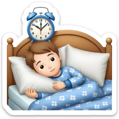 child tucked in bed with a clock showing bedtime, simple and cute sticker