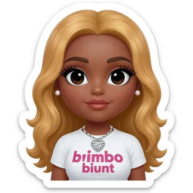 doll body , dark brown eyebrows, dark skin girl, pearl earring stud, Long giant lashes, Doll faced shaped,swarovski heart with Rhodium plated pearls necklace, bimbo, black doll eyes, barbie, dark brown skin, with honey blonde hair, big breast, t shirt says “b1mbo b1unt” sticker