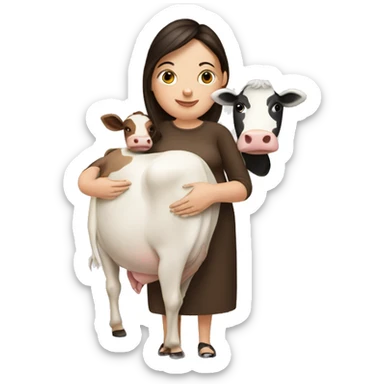 Brunette pregnant woman next to a cow sticker