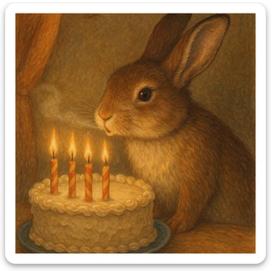 a rabbit blowing out the candles on a birthday cake, detailed scene sticker