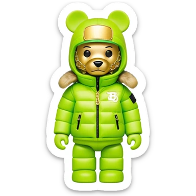 professionally designed bearbrick collectible with precise proportions, lime green balaclava with seamlessly integrated reflective visor lens, high-end branded puffer coat with rich fur collar and prominent designer logo, detailed gold chains, hypebeast aesthetic sticker