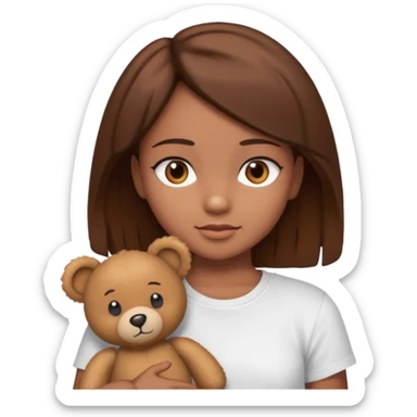A Girl with Brown hair and Brown eyes with a t-shirt White. The t-shirt have dels a Teddy bear sticker