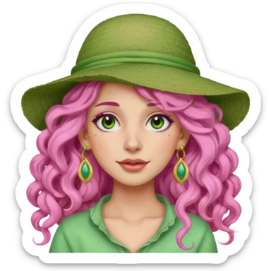pink haired very long curly haired woman with full face light green clay mask  and big earrings and hat sticker
