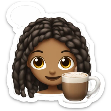Light brown girl with black long braids and a hot chocolate sticker
