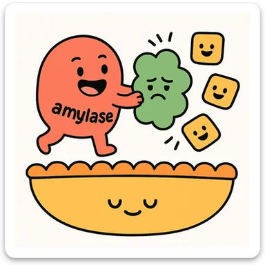 Ultra-detailed emoji-style illustration of enzyme digestion: Red amylase breaking green starch into sugars near a yellow cell membrane. Clean white background, no text. Scientific but simple, cartoon-exact shapes sticker
