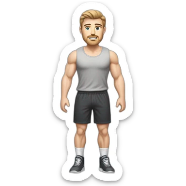 Full height Pale skinned muscular man With Realistic eyes and mouth, light brown hair and stubble In dark gray sleeveless mike, black oversize sports shorts, watch and white sneakers. sticker
