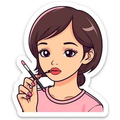 Cute little brunette girl putting on lipgloss  sticker