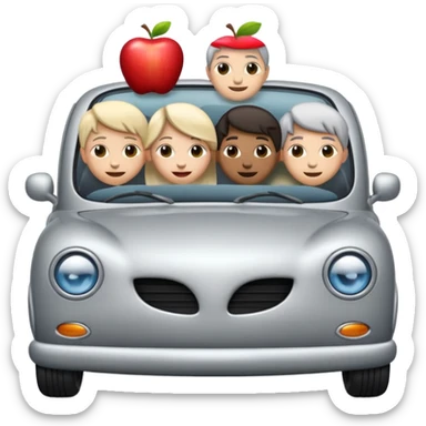 a small car with five happy people inside, all poking their heads out, in cute and unified Apple standard emoji style sticker