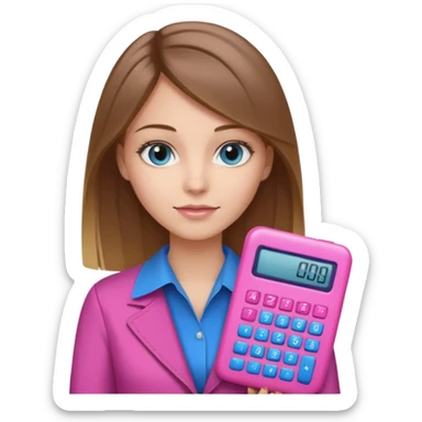 female with straight brown hair with blonde highlights and blue eyes holding a pink calculator sticker