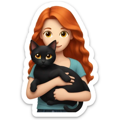 A girl with red hair holds a black cat in her arms sticker