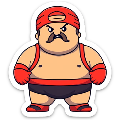 Extreme close-up of face of morbidly obese white skin guy with young face, prominent BLACK DURAG tied clearly on head, distinct black beard and mustache, black eyes in a red and black wrestling singlet with angry expression sticker