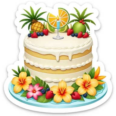 Realistic margaritaville-themed vanilla birthday cake, elaborate, layered, with tropical flowers and fruits  sticker