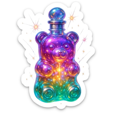 gummy bear-shaped luxurious elixir bottle, vibrant translucent color, iridescent and silver details, intense magical glowing and sparkling effects, very small neck, seamless bottom, transparent background, floating, no base or shadow, modern, matching a collection sticker