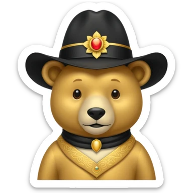 Oso dorado con un sombrero elegante    negro y  en   su cuello un moño negro sticker