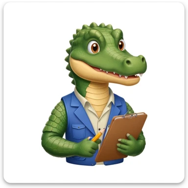 A gator with a clipboard and a pencil, offwhite background sticker