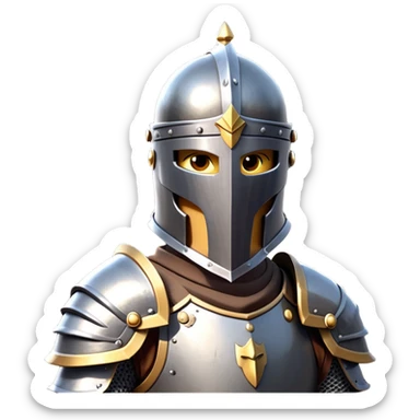 clash-of-clans-aesthetic_-cinematic-fearsome-and-majestic-knight-bust-portrait-emoji, rendered in a flat, vector-style with minimal shading and bold, simplified shapes, depicting a battle-ready medieval knight with steely eyes and intricate armor, mounted on a warhorse reflecting sunlight over a misty battlefield. sticker