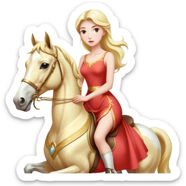"woman, in long slim pastel red", rides "horse gold and white" front view sticker