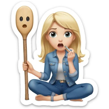blond woman sitting on her knees with wide eyes, a human in jeans stands next to her, she's holding a wide skin-colored stick with a D-shaped knob, the stick and the nob have skin texture, water squirting from the knob into her mouth, shocked face sticker