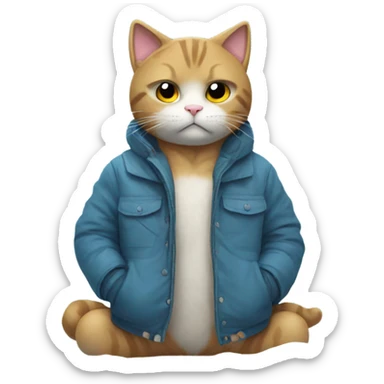 Sad cat in snow wearing a jacket sticker