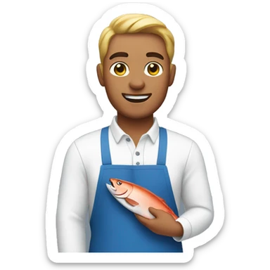 guy in a blue apron holding salmon sticker