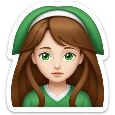 Girl with long brown hair and green eyes and a white ahirt sticker