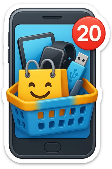 Create a high fidelity emoji style variant with smooth edges featuring a smartphone instead of a monitor, a shopping basket showing tech items like a tablet, smartwatch, and USB drive instead of food, and an emoji shopping bag. The style should resemble emoji style with smooth edges and high detail. sticker