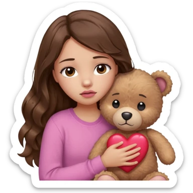 girl with long wavy brown hair, brown eyes, light to medium complexion, in a pink shirt, pink lips, long lashes, sad crying , hugging a teddy bear with a  heart sticker