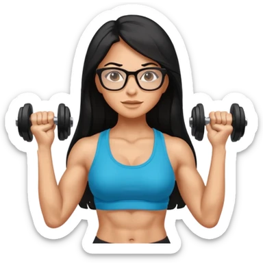Mujer fitness usando mancuernas con lentes y cabello largo negro sticker