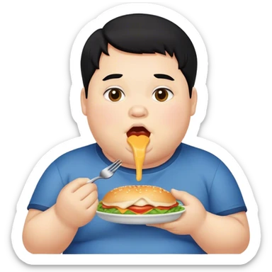 fat boy with black hair eating  sticker