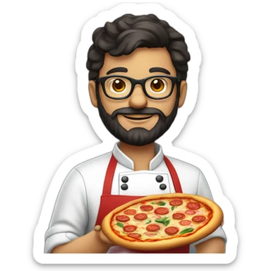 Dark haired 30 years old chef with beard and big glasses proudly holding a pizza sticker