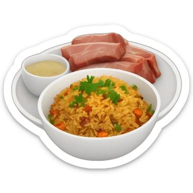 a bowl of Uzbek pilaf with brown pieces of meat on the plate sticker