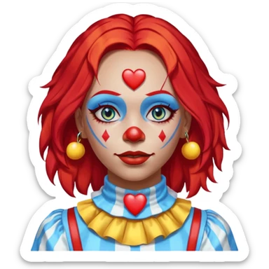 wendy thomas  the clown from gta rp nopixel she has a blue sun on covering right eye with three yellow lines below her right eye and above her left eye. she has long bright red hair and light blue eyes with a heart choker sticker